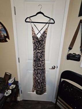 Sleeveless Snake Print Slip Dress - Beige/Black